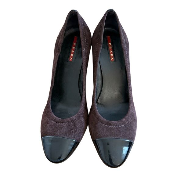 PRADA Brown Suede Black Patent Leather Cap Toe Pumps Heels Size EU 37 - Picture 2 of 10
